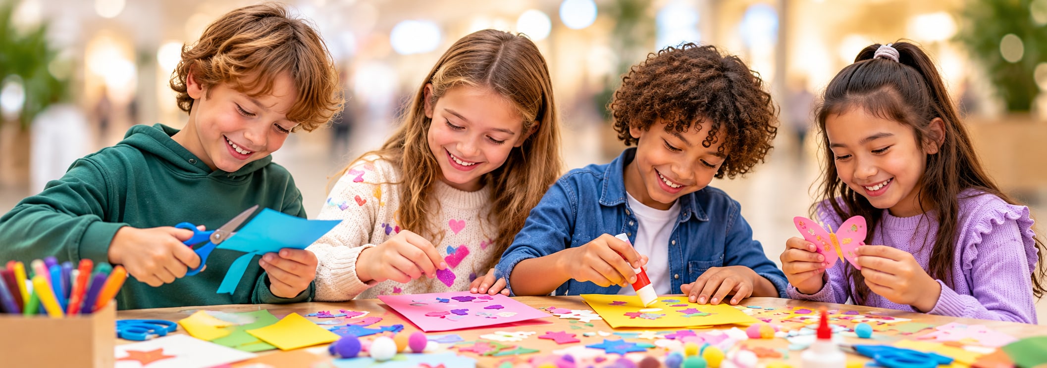 Lachende Kinder beim Basteln